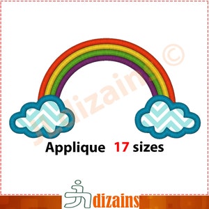 May include: Rainbow applique embroidery design with two clouds. Applique 17 sizes.