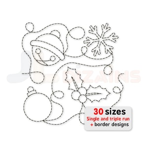 Kerst quilten borduurontwerp. Rand tot rand quilten met sneeuwvlok, belletje, kerstbal en hulst. Machineborduurontwerp