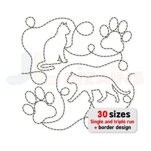 Puede incluir: Siluetas de gatos y huellas de patas con líneas de puntos negras sobre un fondo blanco. La imagen incluye dos contornos de gatos, dos huellas de patas y el texto "30 sizes Single and triple run + border design".