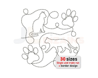 Cat quilting edge to edge embroidery design. Cat quilt block for embroidery and longarm machines. 2 border designs included.