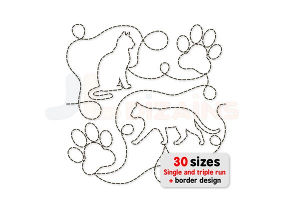 Cat quilting edge to edge embroidery design. Cat quilt block for embroidery and longarm machines. 2 border designs included.