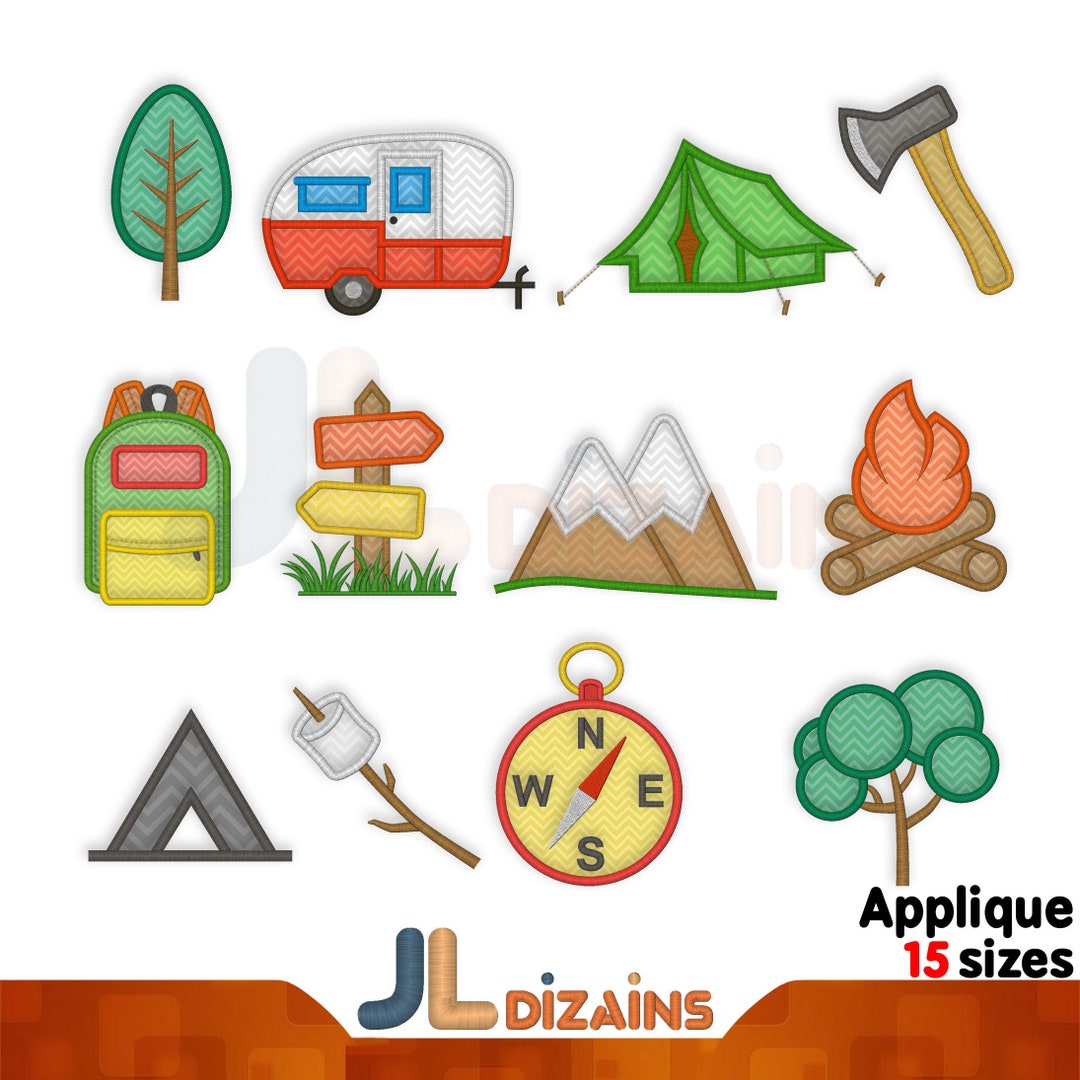 Camping Embroidery Applique Design Set. Camping Applique Designs