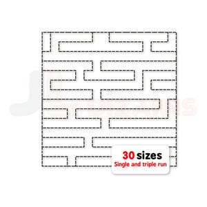May include: A white background features a black dashed-line maze design. A white rectangle with red text reads "30 sizes" and "Single and triple run". The maze is a square shape with horizontal and vertical lines.