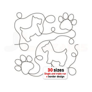 Puede incluir: Un diseño de bordado de arte lineal negro que presenta dos siluetas de terrier escocés y dos huellas de patas conectadas por una línea sinuosa continua. Una etiqueta blanca muestra el texto 30 sizes, Single and triple run + border design.