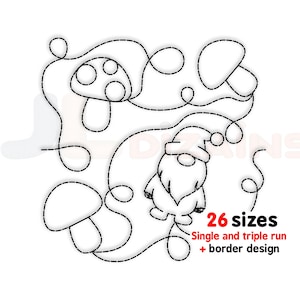 May include: Line art embroidery design of a gnome with a mushroom and the text "26 sizes Single and triple run + border design".