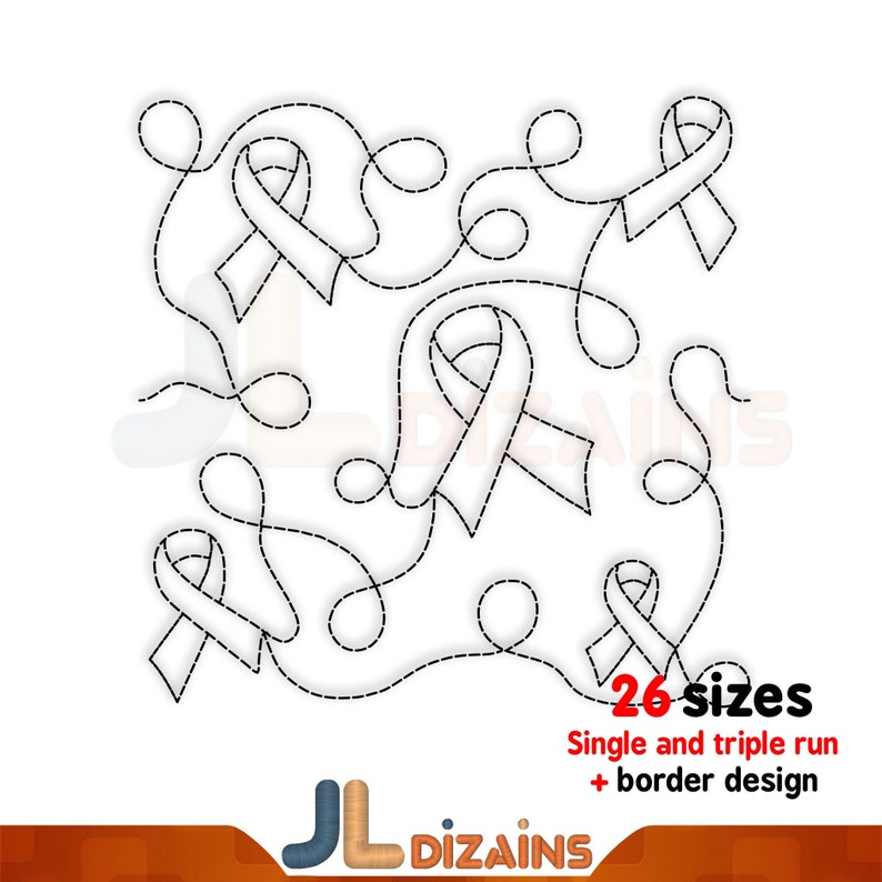 Awareness Ribbon quilt block machine embroidery design. Cancer ribbon quilt block embroidery. Cancer awareness machine embroidery design. image 1