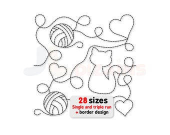 Cat Quilting Embroidery design. Edge to edge machine embroidery design with cat, hearts and yarn. Border design also included. 28 sizes.