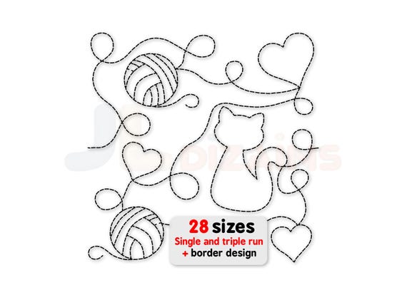 Cat Quilting Embroidery design. Edge to edge machine embroidery design with cat, hearts and yarn. Border design also included. 28 sizes.