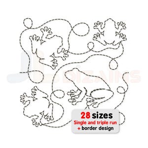 Może przedstawiać: Czarny haft z żabami z przerywanej linii z czterema żabami w różnych pozach, połączonymi linią przerywaną. Obraz zawiera tekst "28 rozmiarów" i "Single and triple run + border design."