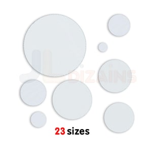 Puede incluir: Un conjunto de 23 círculos de fieltro blancos y redondos de diferentes tamaños. Los círculos están dispuestos de forma aleatoria sobre un fondo blanco. El texto "23 tamaños" está impreso debajo de los círculos.