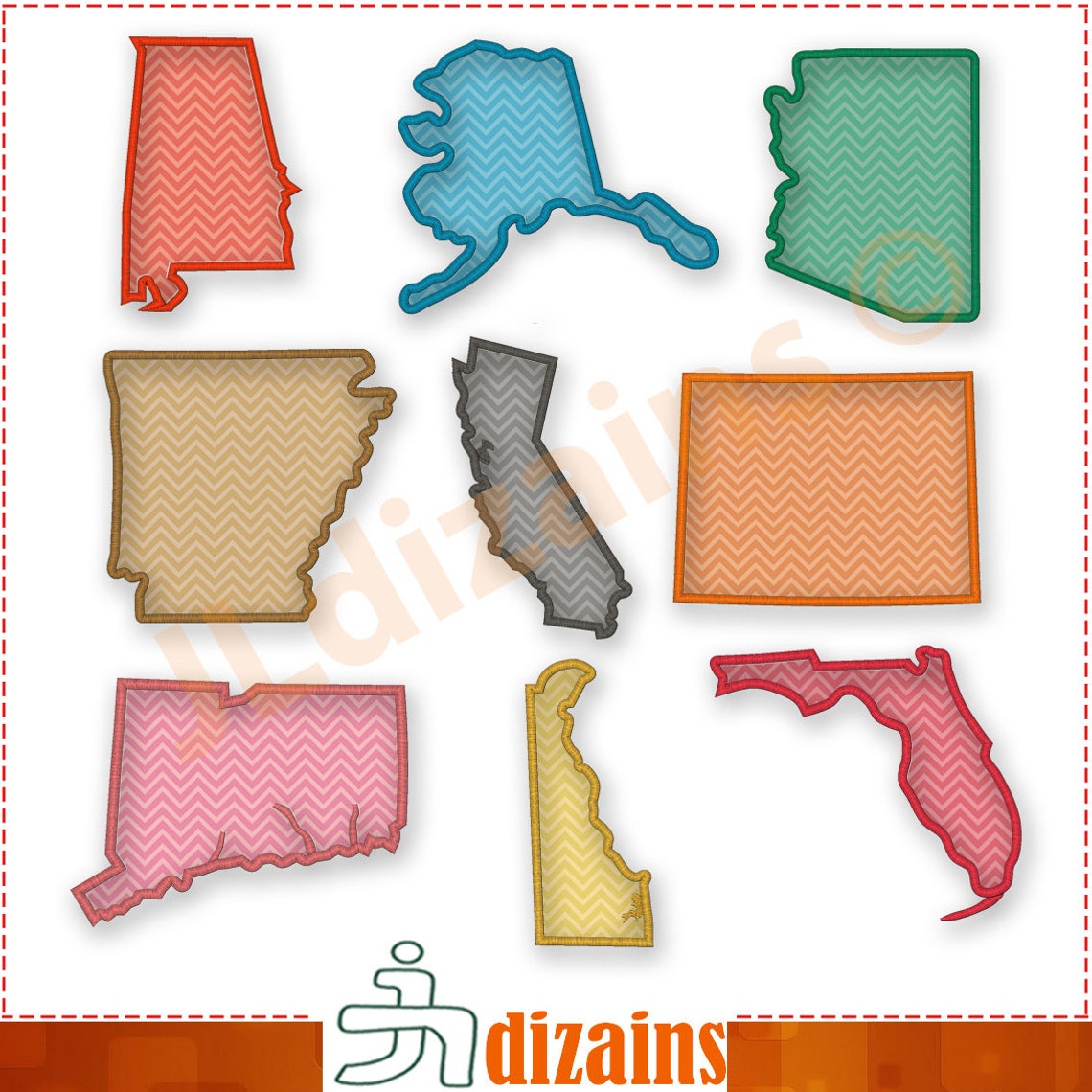 US states applique embroidery designs. USA map applique. USA Etsy