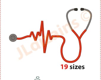 Stethoscope Embroidery Design. Heartbeat embroidery. Medical machine embroidery design. Instant download. 19 sizes.