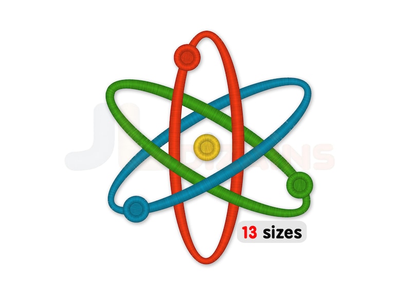 Digital atom embroidery design featuring a clean atomic symbol, suitable for machine embroidery on science-themed projects, apparel, or gifts