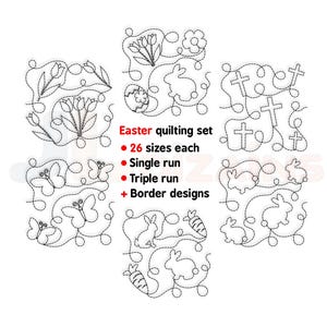 以下が含まれることがあります： キルト用の4つの白黒刺繍デザインのセット。デザインは、ウサギ、十字架、チューリップ、蝶、ニンジンなど、イースターをテーマにしています。画像のテキストは「Easter quilting set, 26 sizes each, single run, triple run, + Border designs」です。