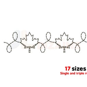 May include: A black dashed line embroidery design featuring two maple leaf shapes connected by a continuous looping pattern. The text 17 sizes and Single and triple run is printed in red and black below the design on a white background.