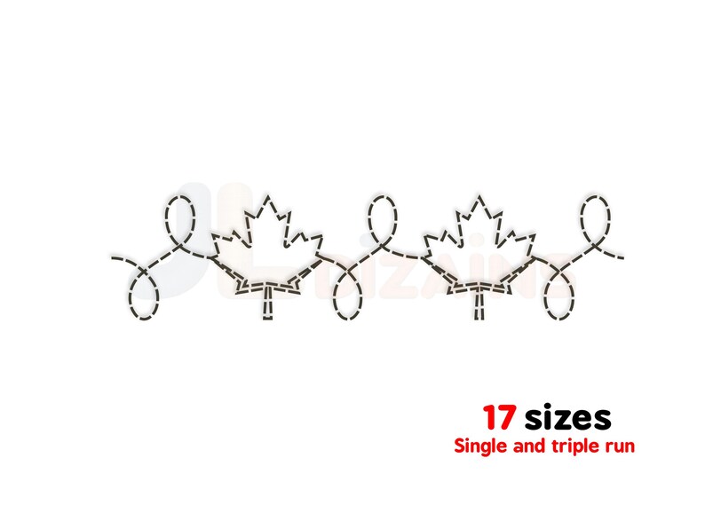 May include: A black dashed line embroidery design featuring two maple leaf shapes connected by a continuous looping pattern. The text 17 sizes and Single and triple run is printed in red and black below the design on a white background.