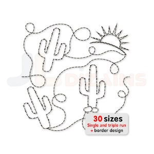 May include: Black and white line art design featuring cacti, a sun, and swirling lines. The image includes the text "30 sizes" and "Single and triple run + border design".