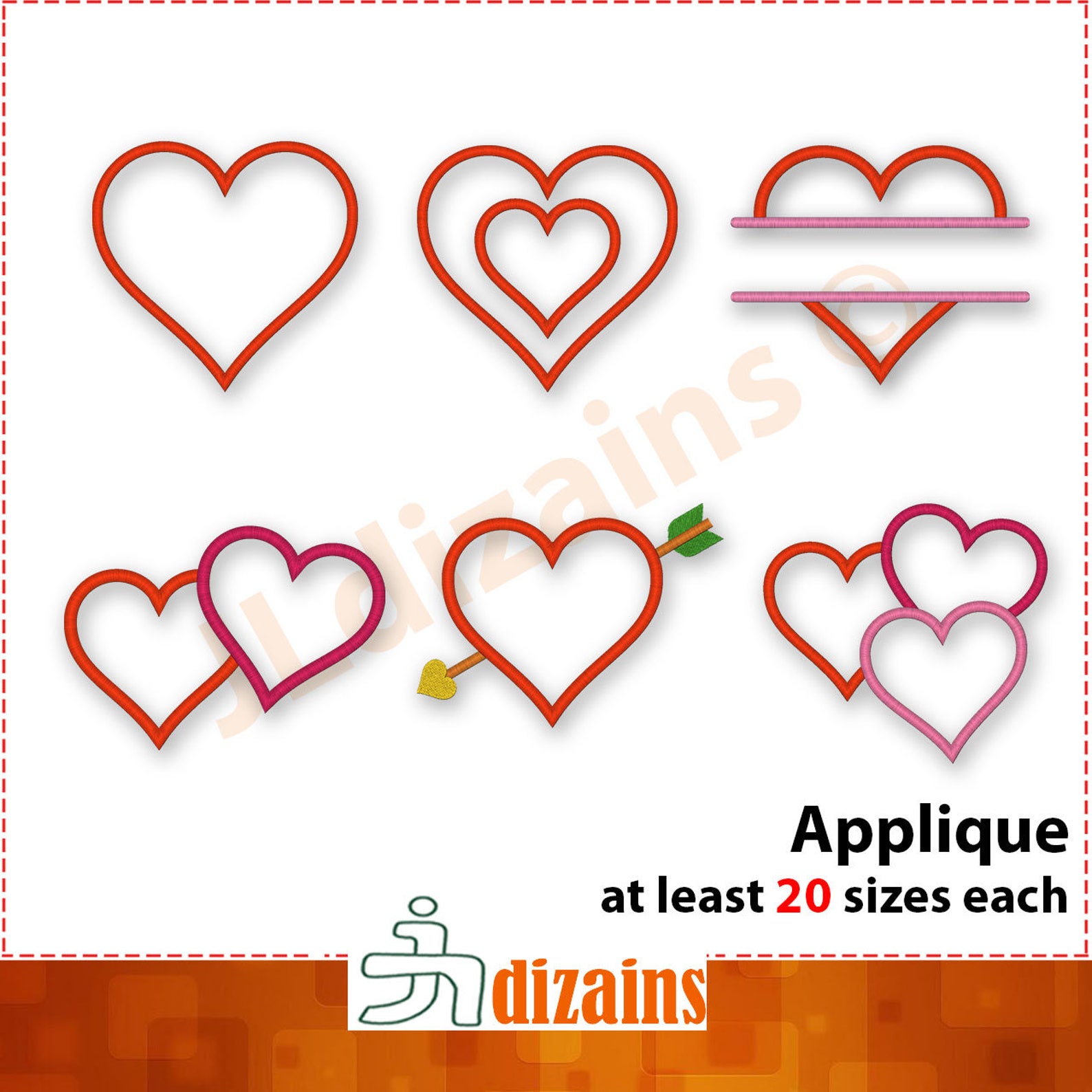 Heart Embroidery Applique Design Set. Split Heart Applique. Etsy