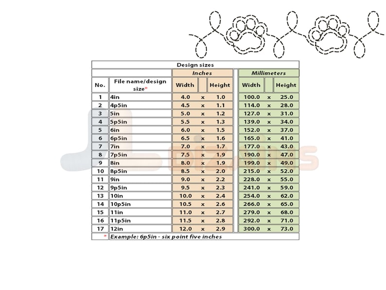 Size chart for cat paw print quilting border embroidery design.