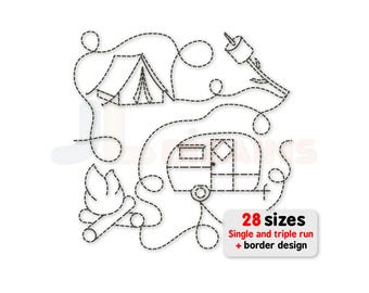 Camping quilt block machine embroidery design. Camping edge to edge quilting embroidery design. 28 sizes and instant download files.