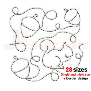 May include: Black and white line art design of a squirrel and acorns. The design is made up of dashed lines and includes the text "28 sizes", "Single and triple run", and "border design".