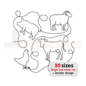 Puede incluir: Ilustraciones en línea discontinua negra de animales de granja: un cerdo, una oveja, una vaca y una gallina, conectadas por una línea punteada. La imagen incluye el texto "30 tamaños" y "Single and triple run + border design" en un rectángulo blanco.