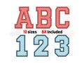 Varsity applique embroidery font. College alphabet machine embroidery design. Letters and numbers in 12 sizes. BX file format included.
