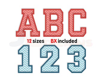 Varsity applique embroidery font. College alphabet machine embroidery design. Letters and numbers in 12 sizes. BX file format included.