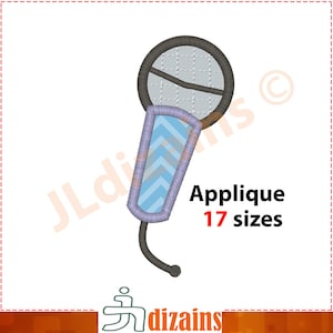 May include: A blue and gray microphone applique embroidery design. The design features a microphone with a blue and white chevron pattern on the body. The text "Applique 17 sizes" is also included in the image.