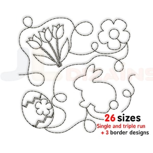 Op de afbeelding: Zwart-witte lijntekening borduurontwerp met een paashaas, tulpen, een ei en een bloem. Het ontwerp bevat 26 maten, enkel en drievoudig uitgevoerd, plus 3 randontwerpen.