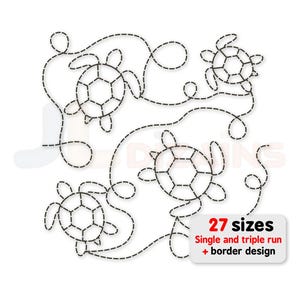 Pode incluir: Design de bordado a preto e branco com várias tartarugas ligadas por linhas tracejadas. As tartarugas têm padrões geométricos nas suas carapaças. A imagem inclui o texto "27 tamanhos" e "Single and triple run + border design".