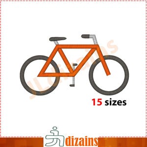 Op de afbeelding: Oranje fiets borduurontwerp met grijze wielen. 15 maten.