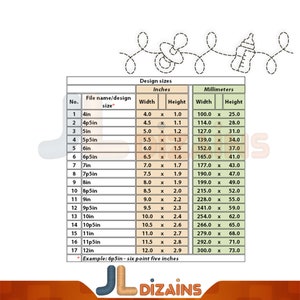 Puede incluir: Un gr&aacute;fico que muestra los diferentes tama&ntilde;os de un dise&ntilde;o de chupete y biber&oacute;n en pulgadas y mil&iacute;metros. El dise&ntilde;o es una cadena de chupetes y biberones conectados por una l&iacute;nea. El gr&aacute;fico muestra el ancho y el alto del dise&ntilde;o en pulgadas y mil&iacute;metros para cada tama&ntilde;o.