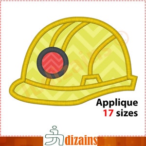 May include: Yellow construction worker helmet applique with a red circle and black outline. Applique is available in 17 sizes.