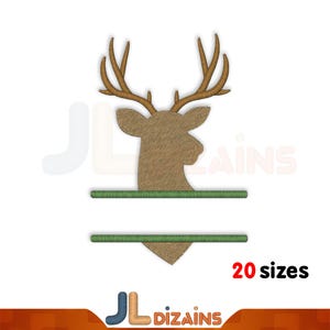 May include: Embroidered design of a brown deer head with antlers, with a green line above and below the head for text personalization. 20 sizes available.