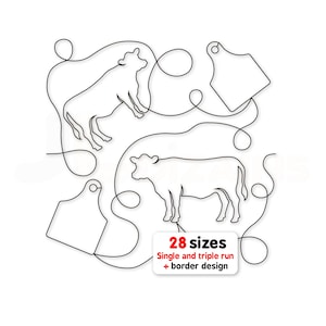 Op de afbeelding: Een zwart-witte doorlopende lijntekening met twee koeiensilhouetten en twee oormerken verbonden door kronkelende lijnen. Een rechthoekig label onderaan toont de tekst 28 sizes, Single and triple run, + border design.