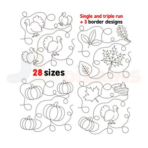 May include: Line art designs of turkeys, pumpkins, and leaves with the text "Single and triple run + 3 border designs" and "28 sizes". These designs are suitable for embroidery or quilting projects, perfect for autumn and Thanksgiving.