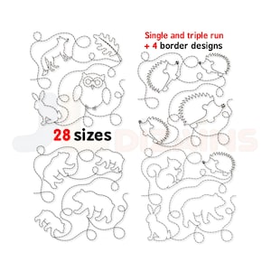 May include: Black line art designs of woodland animals, including a fox, owl, rabbit, bear, and hedgehog. The image includes the text "Single and triple run + 4 border designs" and "28 sizes".