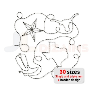 May include: Black dashed-line design elements on a white background, including a star, Texas outline, cowboy boot, and longhorn. The image includes the text "30 sizes" and "Single and triple run + border design".