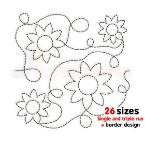 Puede incluir: Diseño de arte de línea en blanco y negro de un patrón floral con cuatro flores. El diseño está hecho de líneas discontinuas e incluye el texto "26 tamaños Carrera simple y triple + diseño de borde".