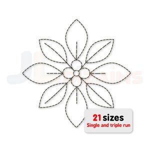 May include: A black and white floral design with a dotted outline, resembling a stylized flower. The image includes a small rectangle with the text "21 sizes" and "Single and triple run". The design is on a white background.