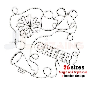 May include: Black and white line art design of a cheerleader pom pom, megaphone, and a bell with the word "CHEER" in a banner. The design is outlined with a dashed line and includes the text "26 sizes, Single and triple run + border design".