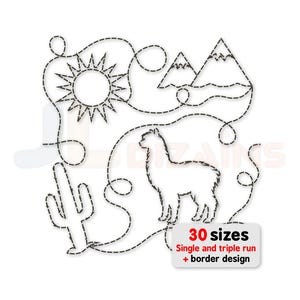 May include: Black and white line drawing of a llama, sun, mountains, and cactus connected by a dotted line. The image includes the text "30 sizes" and "Single and triple run + border design".