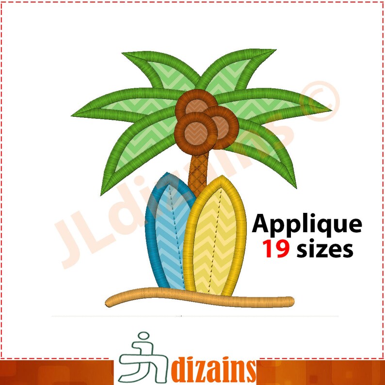 Surfboard and palm tree embroidery design. Machine embroidery design.