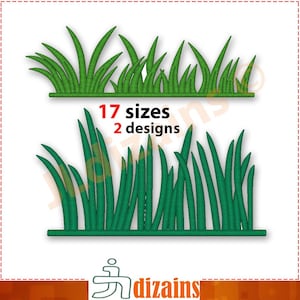 May include: Two designs of green grass embroidery patterns. The top design has shorter blades of grass, while the bottom design has longer blades. The text "17 sizes 2 designs" is below the top design.