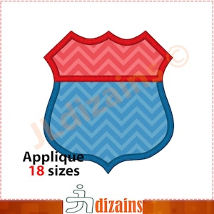 Puede incluir: Aplique con forma de escudo con un patrón de chevron rojo y azul. El aplique está disponible en 18 tamaños.