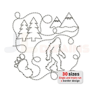 Może przedstawiać: Czarno-biała grafika liniowa przedstawiająca postać Bigfoota, góry, sosny i odcisk stopy. Projekt jest obrysowany efektem przerywanego ściegu. Tekst na obrazku brzmi "30 rozmiarów Single and triple run + border design."