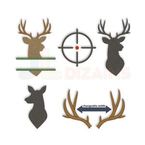 Deer embroidery designs set. Deer antlers, deer head, doe deer, split deer, hunting crosshair embroidery design set for machine embroidery.