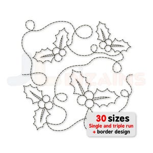 Holly quilting embroidery design. Christmas quilt block embroidery. Machine embroidery edge to edge design. E2E