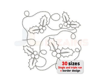 Holly quilting embroidery design. Christmas quilt block embroidery. Machine embroidery edge to edge design. E2E